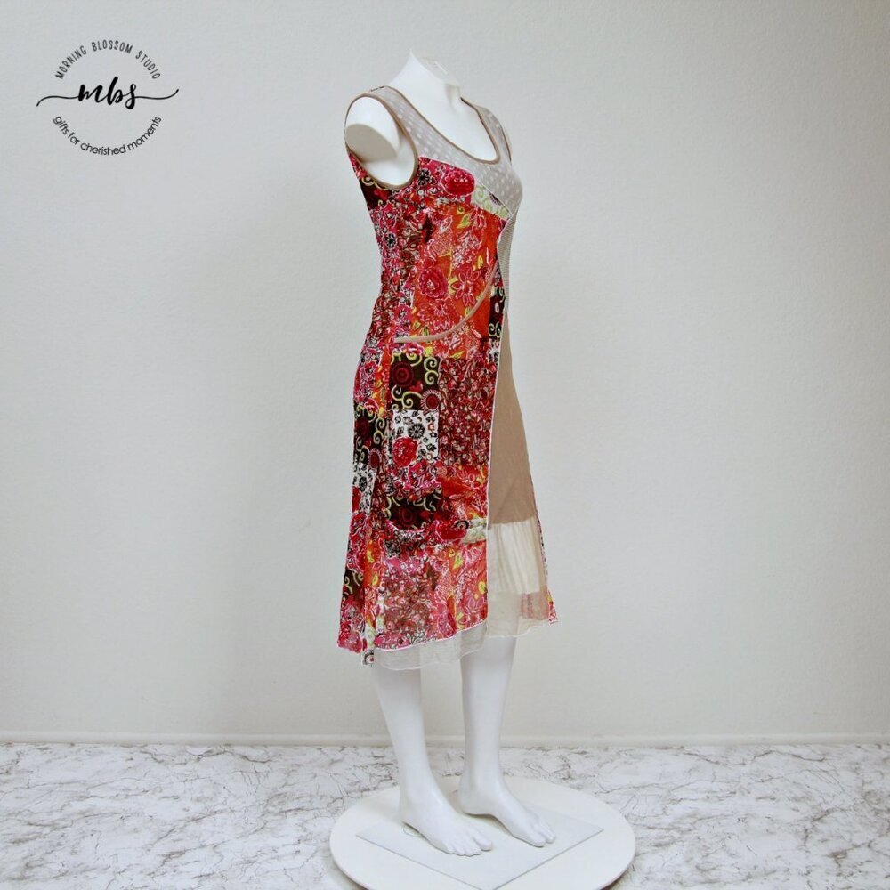 Tango‎ Mango Vintage Patchwork Floral Mesh Sleeveless Midi Dress Multicolors S